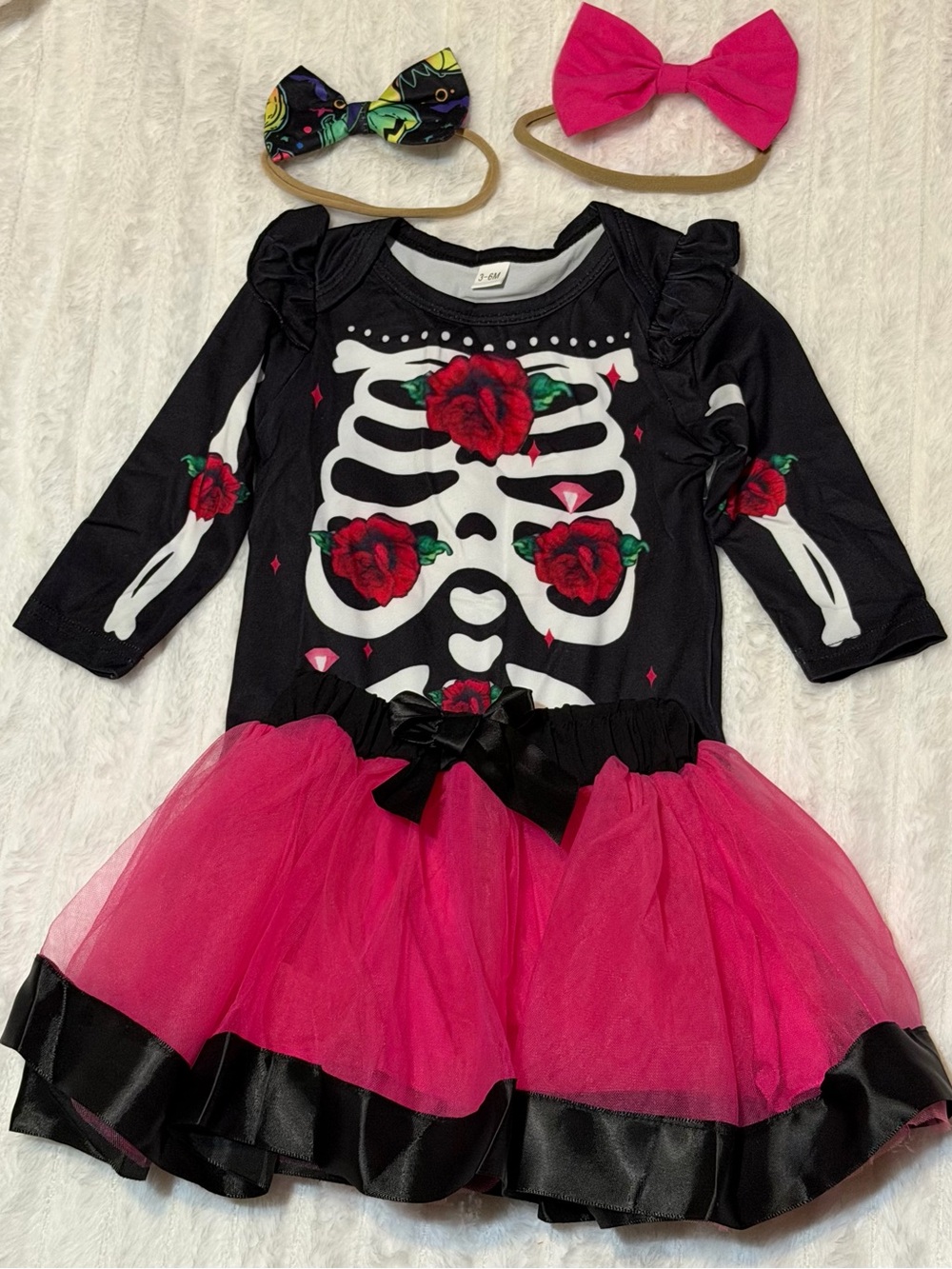 Kids Skeleton Rose Tutu Costume Dress with Hot Pink Bow